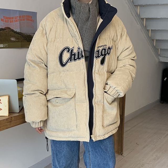 予約販売 ダウンジャケット アウター コーデュロイ 胸ロゴ ストリート ショート丈 ブルー ピンク ベージュ メンズ 防寒 お洒落 カジュアル 秋冬 大きいサイズ S M L Xl Favoriteselect