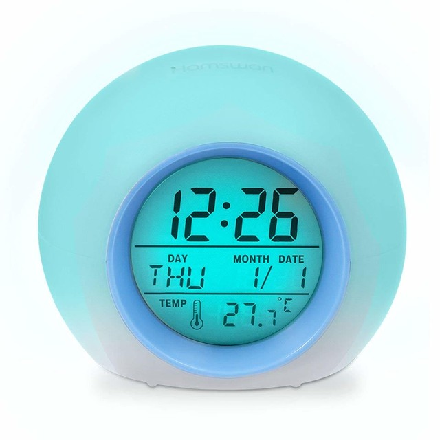 目覚まし時計 置き時計 デジタル 時計 アラーム 見やすい 多機能 8種類サウンド 七色バックライト 温度カレンダー表示 可愛い置き時計 コンパクト 寝室 室内用 ブルー 目覚まし時計図鑑