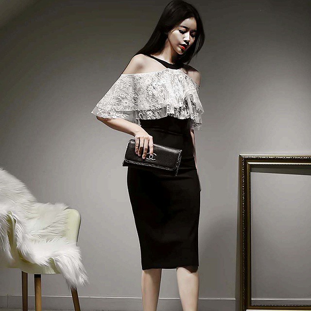 パーティードレス ワンピース レディース 40代 きれいめ 30代 代 50代 膝下丈 オフショルダー ホルターネック レース 二次会 結婚式 タイト ブラック 大人 ワンピの里