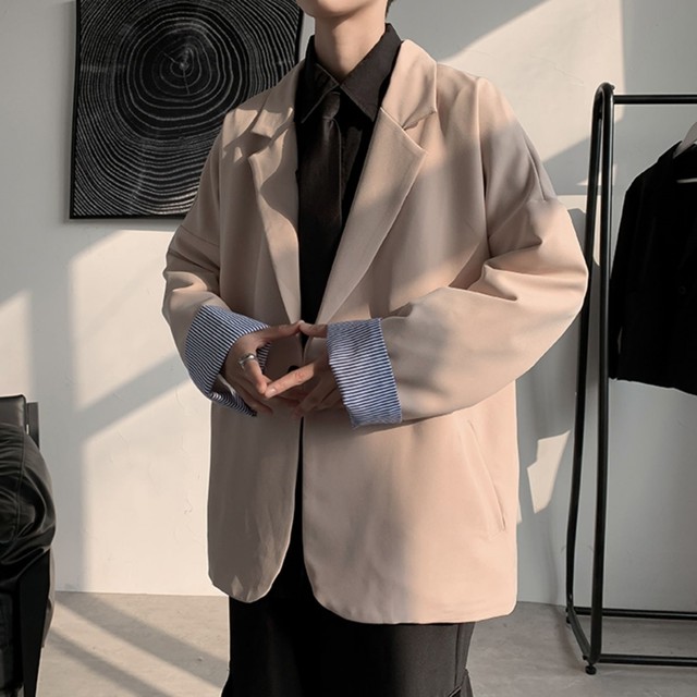 予約販売 テーラードジャケット 無地 アウター メンズ シンプル ベーシック 袖折り返し ブラック ブルー オフホワイト カジュアル こなれ感 お洒落 韓国トレンド 春 秋 大きいサイズ M L Xl 2xl Favoriteselect