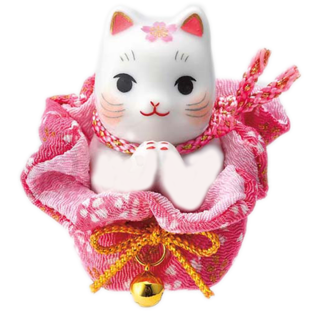 【開運招福祈願】薬師窯招き猫 彩絵 桜巾着 お願い猫 おめでたい縁起置物