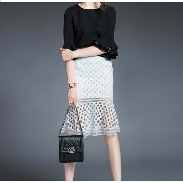 タイトスカート ひざ丈 マーメイドスカート 裾フリル シースルースカート 花咲