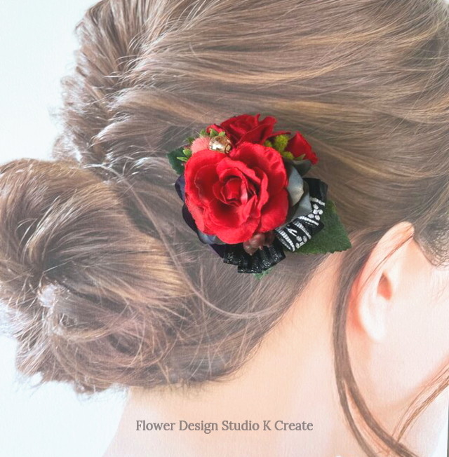 インポートリボンと赤い薔薇のヘアクリップ 発表会 ダンス 髪飾り 赤い薔薇 バラ Flower Design Studio K Create