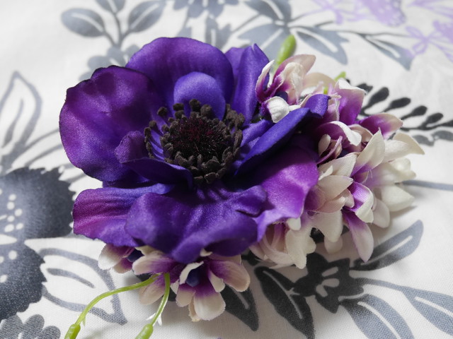 浴衣用ヘッドピース 中 紫アネモネ髪飾り お花の和洋ヘッドピース 花帽子