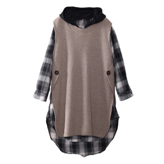 ニットベスト チェックシャツ セットアップ レディース チェックワンピース ニット チェック柄 秋新作 セットワンピース 秋冬 ツーピース 重ね着 ノースリーブ ニットワンピース Wanpi