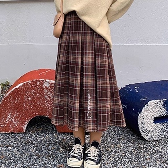 2色 プリーツ チェックスカート ロング丈 秋冬 ゆったりサイズ Choco Chaco