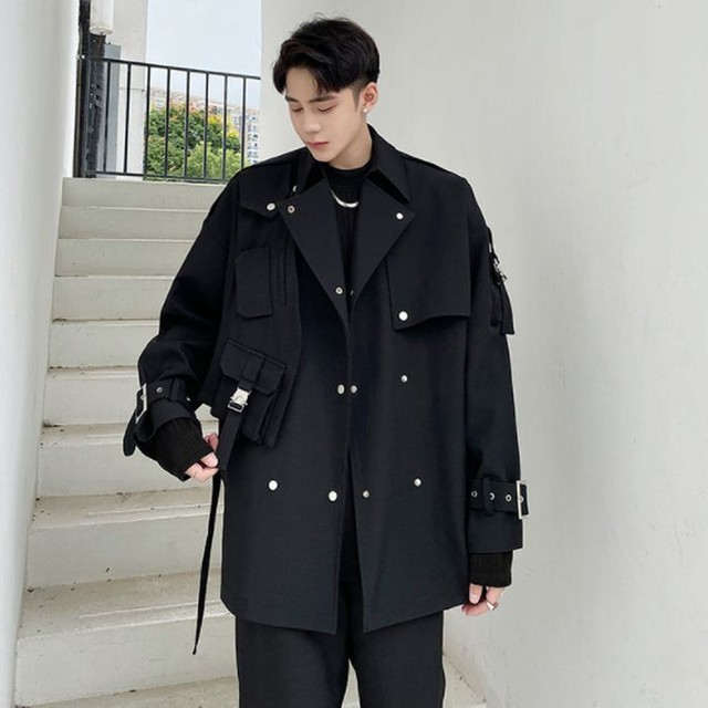 ミドル丈コート 秋 冬 ウィンドブレーカー ミディアム丈 シングルブレスト ルーズ ポケット ベルトデザイン トレンチ風 無地 ブラック ワントーン 黒 メンズ 韓国 カジュアル シック モード 大人カジュアル 袖ベルト お支払い後日以内に発送 Out266 Garcons