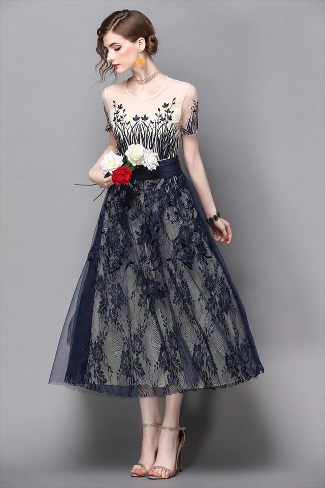 国内即納 即日配送 パーティードレス 花柄 刺繍 レース 半袖 ネイビー ワンピース ワンピ フォーマル ミニドレス ミニ カラードレス セレモニー セクシー 代 30代 イブニング お呼ばれ ナイト 結婚式 ゲストドレス Aライン Laドレス タイト レディース D216