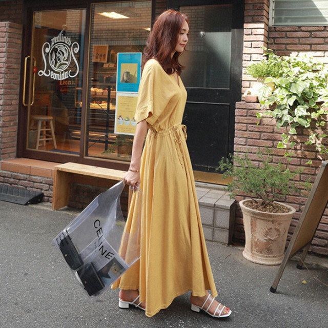 ワンピース ロング ワンピース ドレス 5分袖 ロング丈 マキシ丈 vネック ウエスト絞り バックコンシャス aライン 無地 ホワイト イエロー エレガント Hf10158 Haru Meets Foo