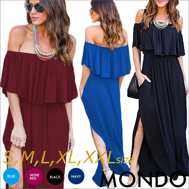 マキシワンピ リゾート ロングワンピース オフショル ワンピ 大きいサイズ セクシー 青 ロング丈 ブルー Vネック 花火大会 ストレッチ アロハ バカンス ２次会ドレス ナイト ドレス ナイツ 夜 Sexy パーティ Ww808 Mondo Shop 今 送料無料 1980円以上から