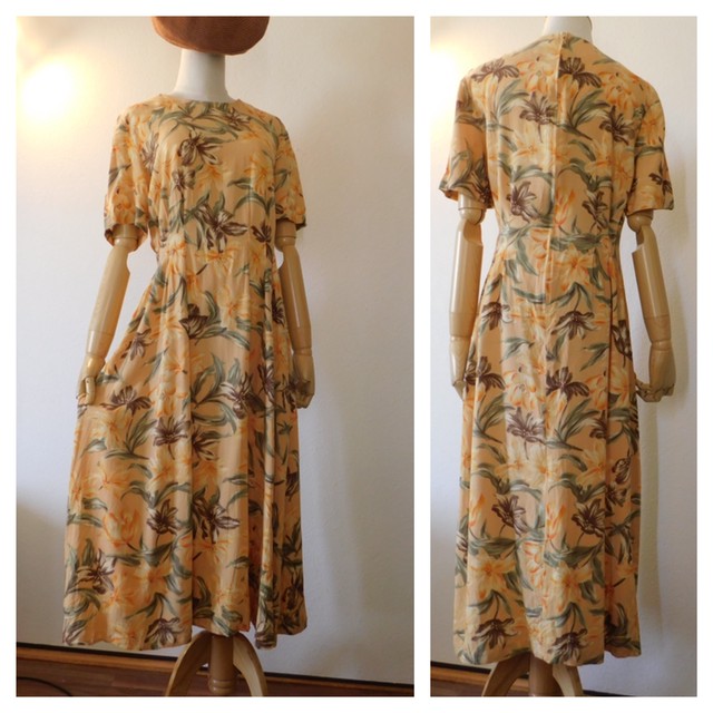 Usa古着 レトロ ビンテージ 花柄 ロングワンピース 春夏 イエロー Anita レトロ ヴィンテージ リメイク 送料無料