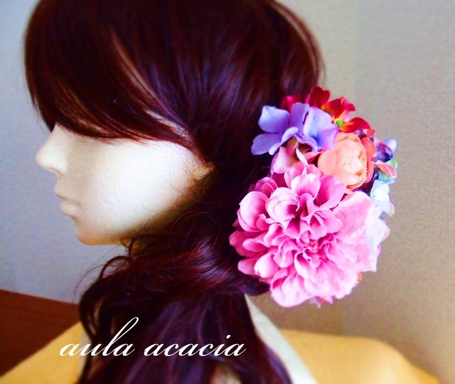 ベリーダンス 紫 赤紫 ピンクなど濃淡のある印象的な花飾り 髪飾り ヘッドドレス ベリーダンスショップ アラベスクアカシア