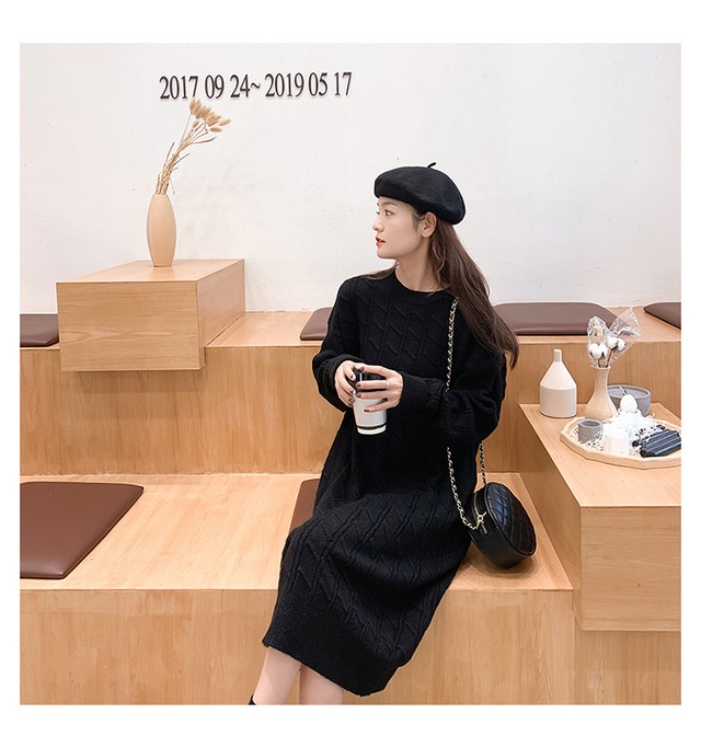 Dress 美人度アップカジュアルラウンドネックニットワンピースゆったり5色 Nanastyle