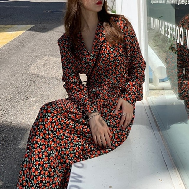 シャツワンピース 花柄 小花 カシュクール Vネック 長袖 パフスリーブ ミモレ丈 フレア レトロ ガーリー 大人可愛い おでかけ デート 女子会 秋冬 Choco Chaco