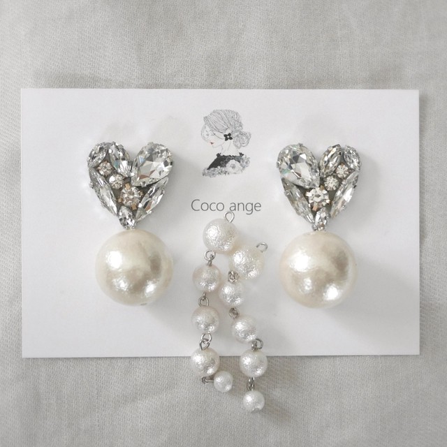 5 3way Bright Heart Big Pearl ピアス イヤリング 結婚式 ウェディング大振り大ぶりハート大人可愛い白ホワイトコットンパールビジューウエディングブライダル人気お洒落おすすめ ｃｏｃｏ ａｎｇｅ