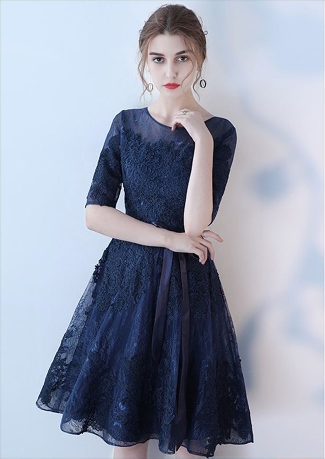 国内即納 即日配送 パーティードレス ネイビー レース チュール ファスナー ワンピース 5分袖 ミディアム ワンピ フォーマル ミニドレス カラードレス セレモニー セクシー 代 30代 イブニング お呼ばれ ナイト 結婚式 ゲストドレス Aライン Laドレス タイト