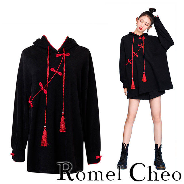 お支払い確認後日以内発送 Romelcheo チャイナボタン パーカー チャイナ風 フード付き トップス レディース 黒 アジアン エスニック スポーティー スポーツミックス 原宿系 青文字系 カジュアル ファッション ロメルチェオ Romelcheo