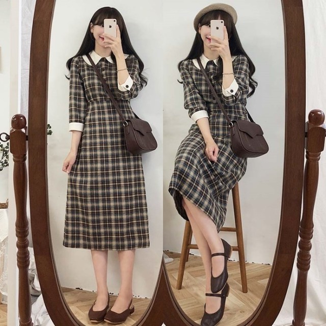 チェック ワンピース 秋冬 レディース 韓国 ファッション 秋服 レディース かわいい ワンピース ロング ワンピ 丸襟 白 レトロ チェック柄 ロングワンピース タータンチェック 前ボタン ワンピース オルチャン ファッション 冬服 レディース Vestito