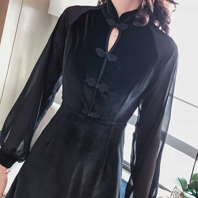 チャイナ風 ベロア ミニドレス フリル裾 ワンピース パフスリーブ 長袖 代 30代 結婚式 二次会 クリスマス お呼ばれ パーティー レディース R0131 Aeka Clothet Partydress