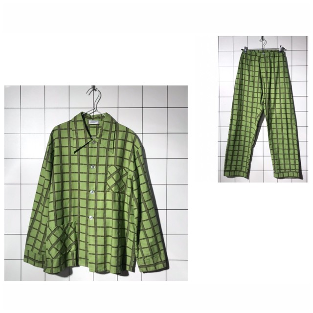 送料無料 80s Light Green Check Pattern Shirt Easy Pants Set Up 黄緑 ライトグリーン チェック柄 長袖シャツ イージーパンツ セットアップ パジャマ ヴィンテージショップ Smoke