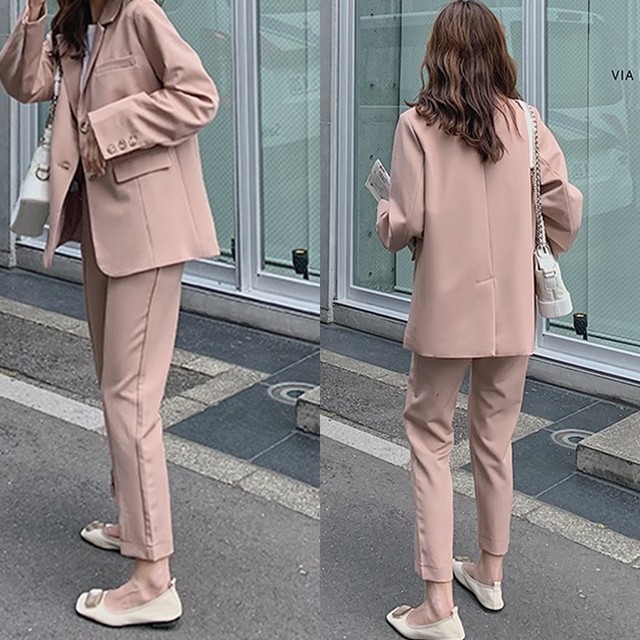 セットアップ レディース スーツ 韓国 ファッション レディース パンツスーツ 春服 春スーツ ジャケット アンクルパンツ ２点セット スタイルアップ くすみピンク ブラック セットアップ 上下セット 可愛い 韓国 ジャケット セットアップ Vestito