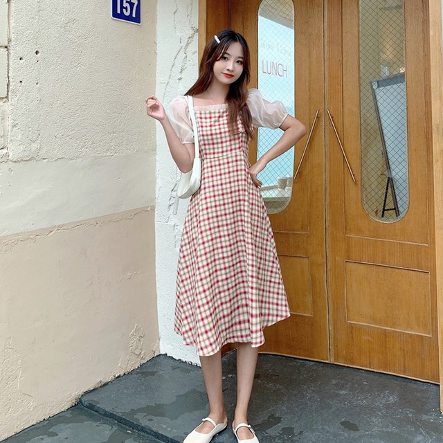 双子コーデに ひざ丈ワンピース チェックワンピース ミモレ丈 レディース 半袖 ガーリー フェミニン 大人可愛い デート お出かけ 夏 Ptnym3090 Shop Suba