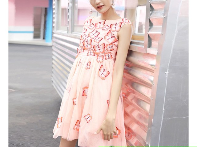 ワンピース 蝶々 柄 デコ ワッペン バタフラ原宿 ミニスカート ドレス ノースリーブ オレンジシフォン 可愛い Loveysmileshop