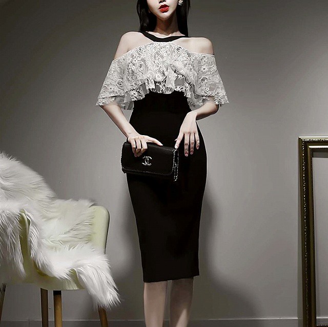 パーティードレス ワンピース レディース 40代 きれいめ 30代 代 50代 膝下丈 オフショルダー ホルターネック レース 二次会 結婚式 タイト ブラック 大人 ワンピの里