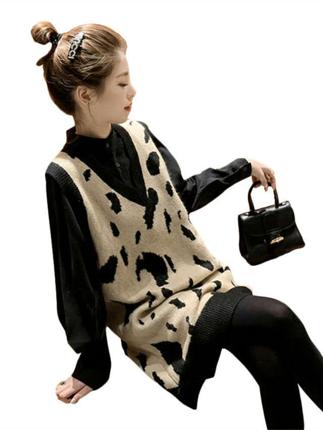 ニットベスト ワンピース セットアップ レオパード柄 シャツ 長袖 ひざ上丈 秋冬 お出かけ 大人カジュアル 韓国ファッション 10代 代 30代 Hm10 Sunny Place