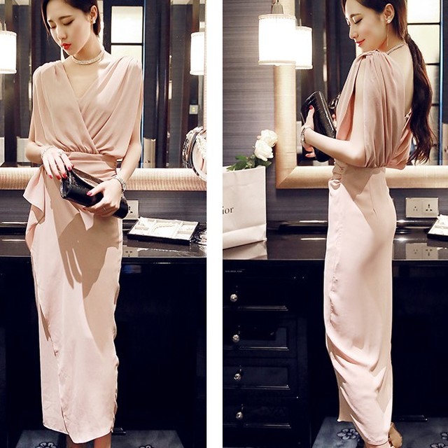 ロング丈 Vネック Vバック ノースリーブ カシュクール 結婚式 二次会 御呼ばれ 発表会 レディース 大人 上品 シンプル 代 30代 B480 La Vie En Rose