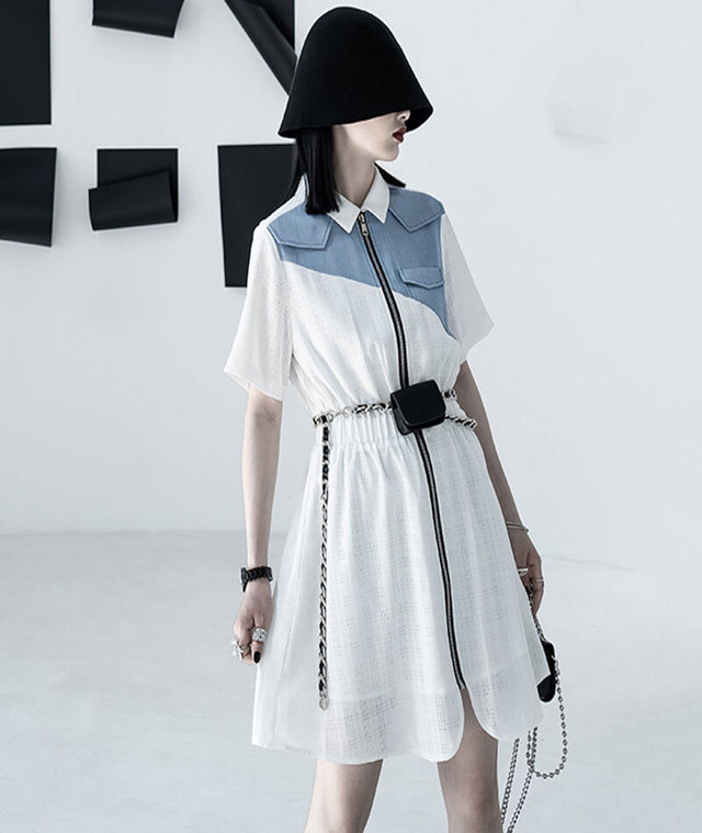 Top Mode シャツワンピース ワンピース ブラウス シャツ シフォン 半袖 デニム風 ショート丈 切替 ジッパー レディース 個性的 おしゃれ シック トレンド クール 春夏 モダン かっこいい 大人かっこいい モード系 着痩せ Cool 白 ホワイト 黒 ブラック Lon377 Top Mode