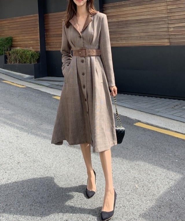 チェック柄ウエストベルトワンピース 秋 春 Kazzu