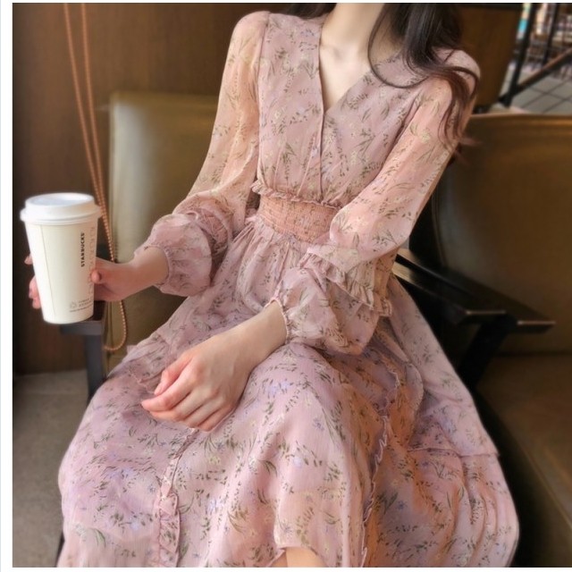 花柄 ロングワンピース 長袖 花柄 シフォン ワンピース ロング丈 長袖 春 秋 10代 代 30代 40代 ピンク ホワイト フェミニン デート Basecamp49