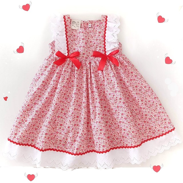 ラスト1点5y ツインリボン ワンピース ピンク レッド フラワー Heart Spring スモッキングワンピースと可愛い子供服