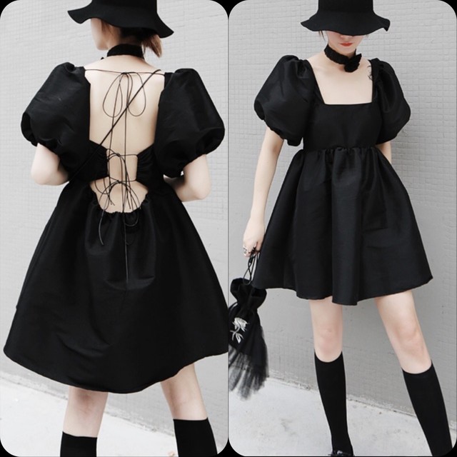 ブラック バックリボン ワンピース ミニスカート 半袖 フレア 黒 ゆったり Loveysmileshop ブラック バックリボン ワンピース ミニスカート 半袖 フレア 黒 ゆったり Loveysmileshop