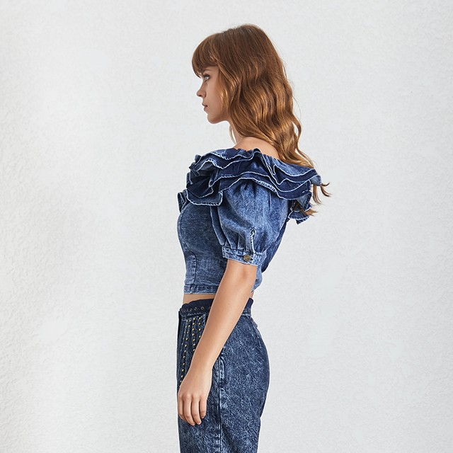 デニム フリル オフショルダー ワンショルダー トップス 韓国 原宿 取寄商品 Milky Honey ミルキーハニー