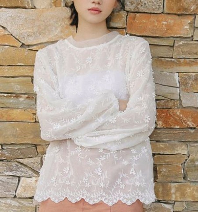 レディース トップス シフォンブラウス 白 大人 可愛い ブラウス カットソー レディース 長袖 花柄 ブラウス 春服 レディース シースルー トップス ラウンドネック Jm4355 Dress No Sato