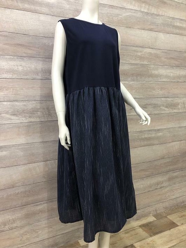 即納 ロングワンピース ノースリーブ ワンピース レディース ワンピ バイカラー 切り替え ストライプスカート フレアワンピース 無地 Alil