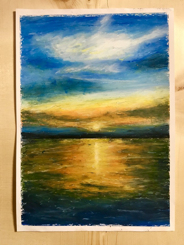 神々しく 夕陽と海 クレヨン画 Sadistic Art Gallery