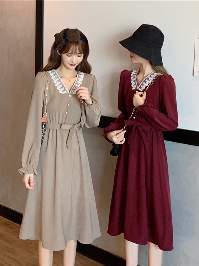 ガーリーコーデ ワンピース レース Vネック レディースフェミニン 可愛い おしゃれ ひざ丈 ウエストリボン 清楚系 デート 女子会 Ptnym3572 Shop Suba