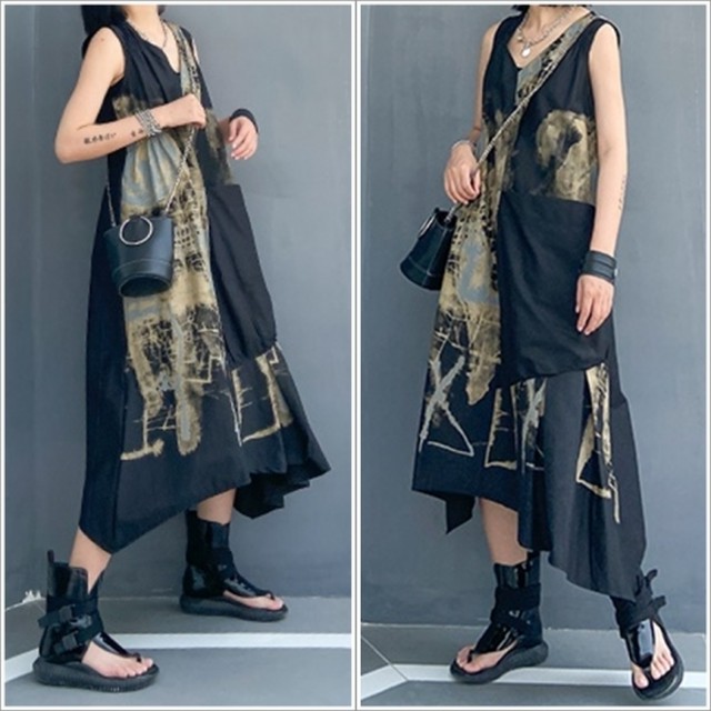 カラーブロックドレス ノースリーブ アシンメトリーワンピース レディース ロングシャツ 夏 モード風 ドレープ Af4033 Raxia ラクシア