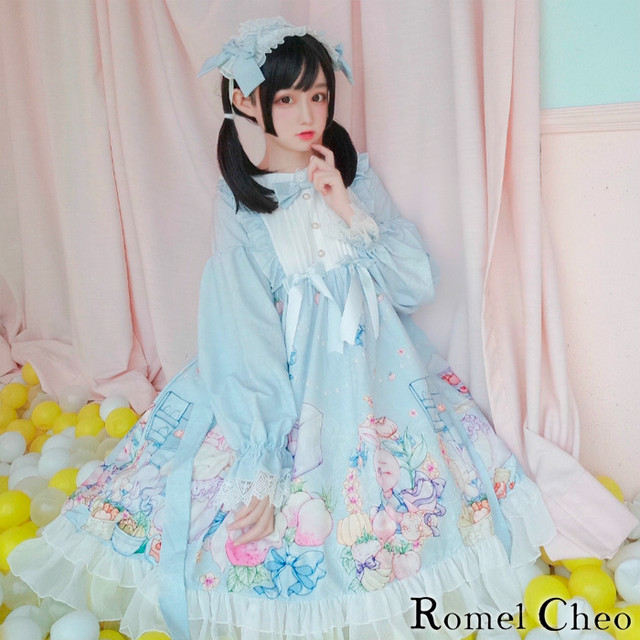 お支払い確認後日以内発送 Romelcheo ヘッドドレス付き ラビット フルーツ ワンピース うさぎ柄 フルーツ柄 リボン 長袖 膝丈 パステルカラー 甘ロリ メルヘン 大人可愛い ゆめかわ ガーリー ロリータ スイート系 ファッション ロメルチェオ Romelcheo