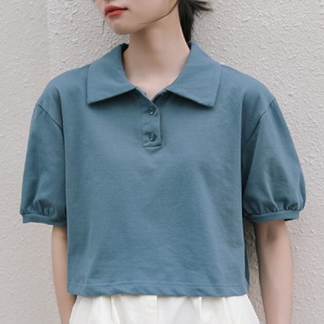 トップス ポロシャツ 半袖 無地 ショート丈 韓国 おしゃれ かわいい 白 青 春 夏 A1298 Happinessshop ハピネスショップ レディース ファッション アイテム トレンド