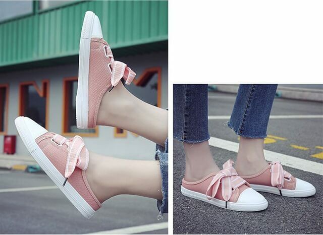 スニーカー レディース 靴 スリッポン フラットシューズ スリッパ スニーカー サンダル かかとなし かわいい スニーカーのようなスリッパ 大きめリボン紐 Ys0319 Fashion Mille