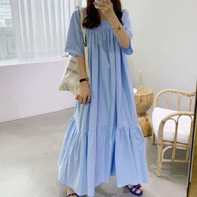 ワンピース 2色 ギャザーワンピース ロングワンピース 半袖 緑 トレンドカラー マキシ 春夏 リゾート 海 Choco Chaco