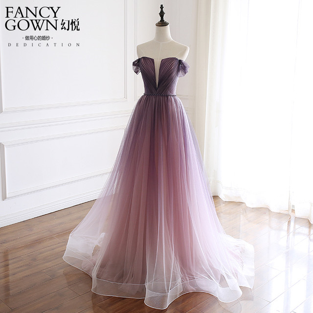 カラードレス グラデーション 紫赤 オフショルダー ミニトレーン イブニングドレス パーティー ロングドレス Cinderelladress