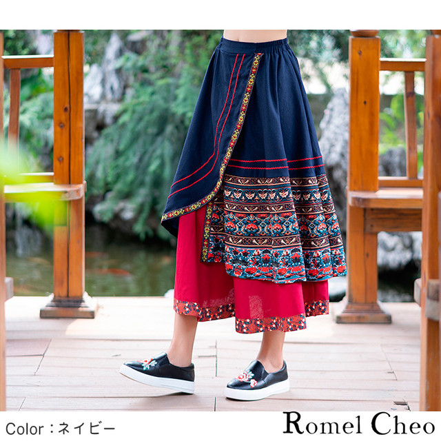 Romelcheo エスニック プリント アシンメトリー スカート レイヤード風 民族風 刺繍 ロング丈 レディース アジアン ファッション 綿麻 中華風 チャイナ風 漢服 花柄 チロリ風 レトロ 大人可愛い ウエストゴム ロメルチェオ Romelcheo