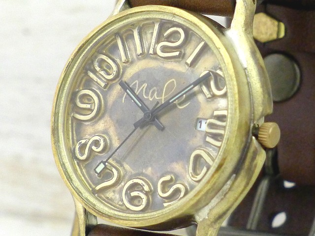 J B Date 数字文字盤 Jumbo36mm Brass 真鍮 Date表示 手作り腕時計 Jum31date 数字 手作り時計 渡辺工房