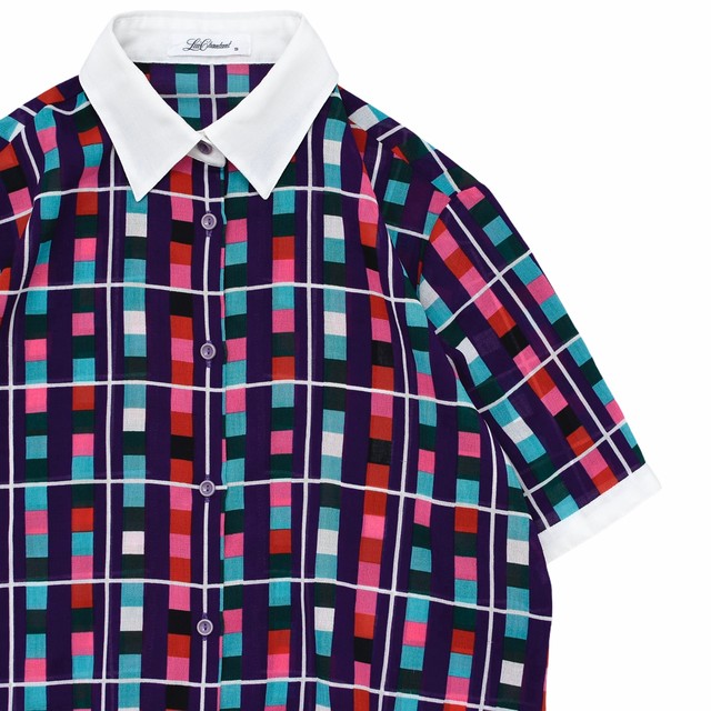 Japan vtg "昭和レトロ" geometric pattern chiffon cleric shirt
