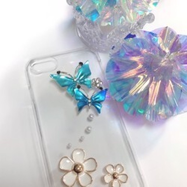 クリアケース デコ Iphone ケース 蝶 ちょうちょ 花 青 スマホケース Whitenuts